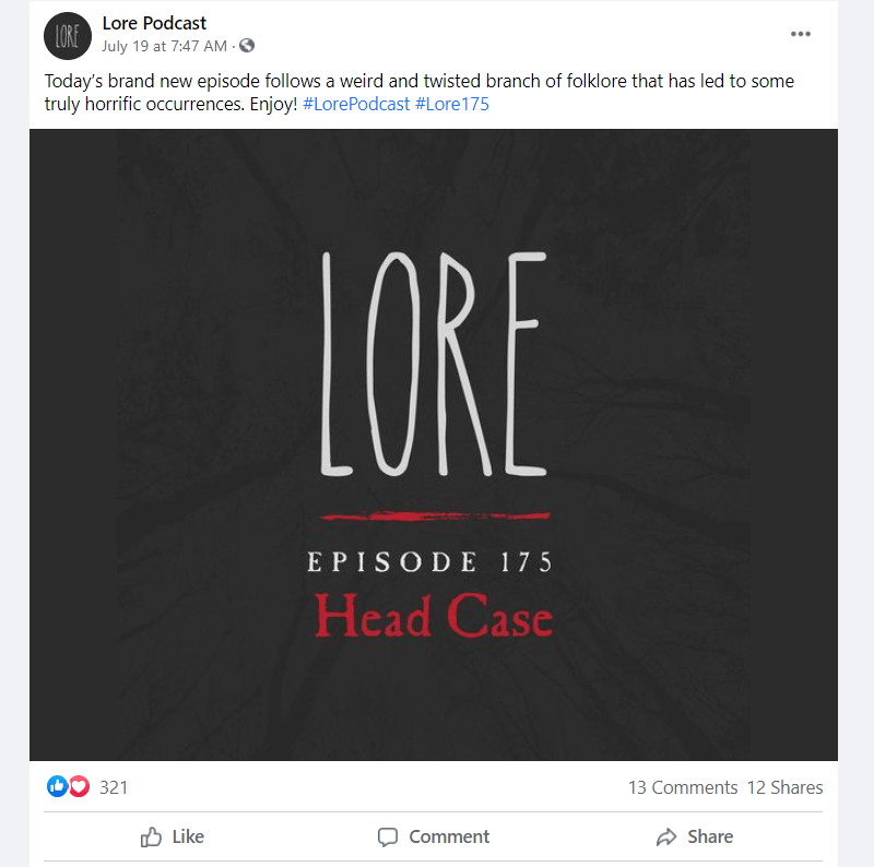 Un exemplu de podcast Lore care utilizează rețelele sociale pentru a atrage noi ascultători.