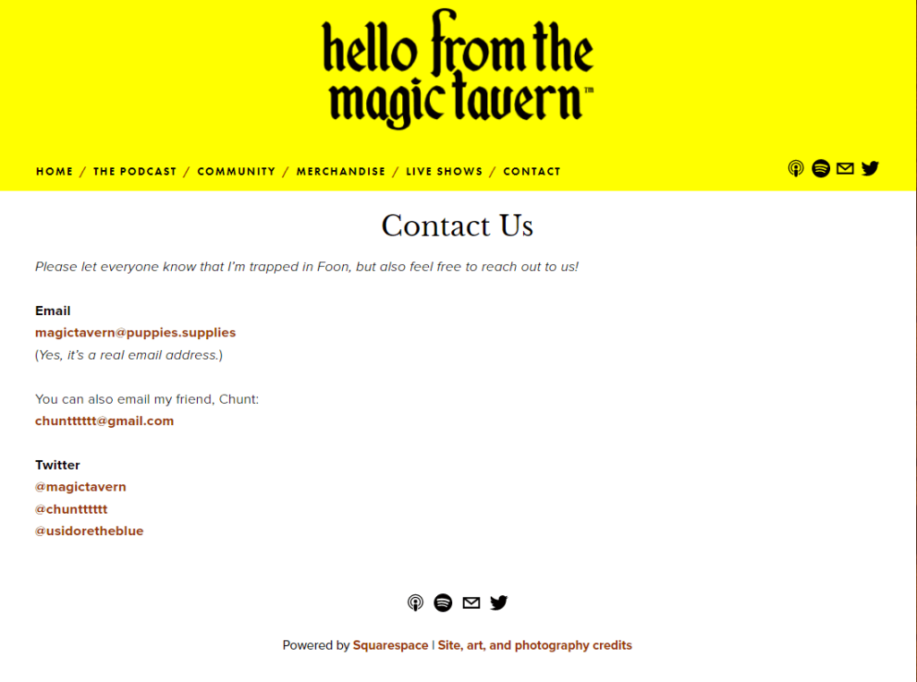 مثال على صفحة اتصال ذات موضوع من Hello From the Magic Tavern.