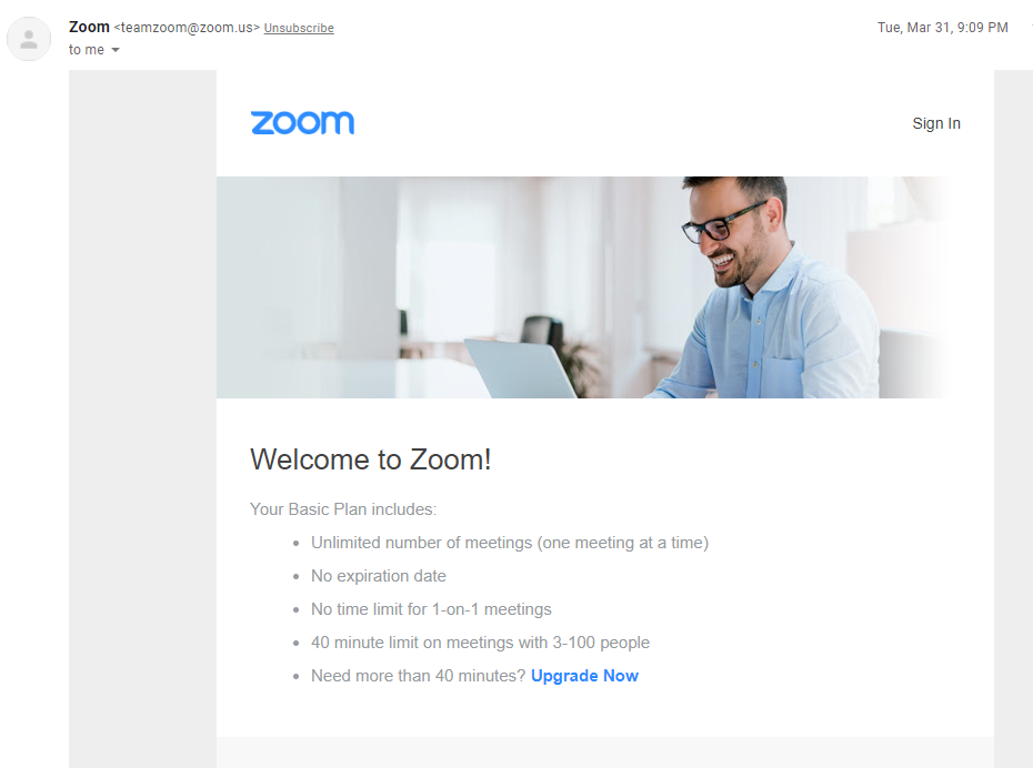 Exemplu de marketing prin e-mail Zoom