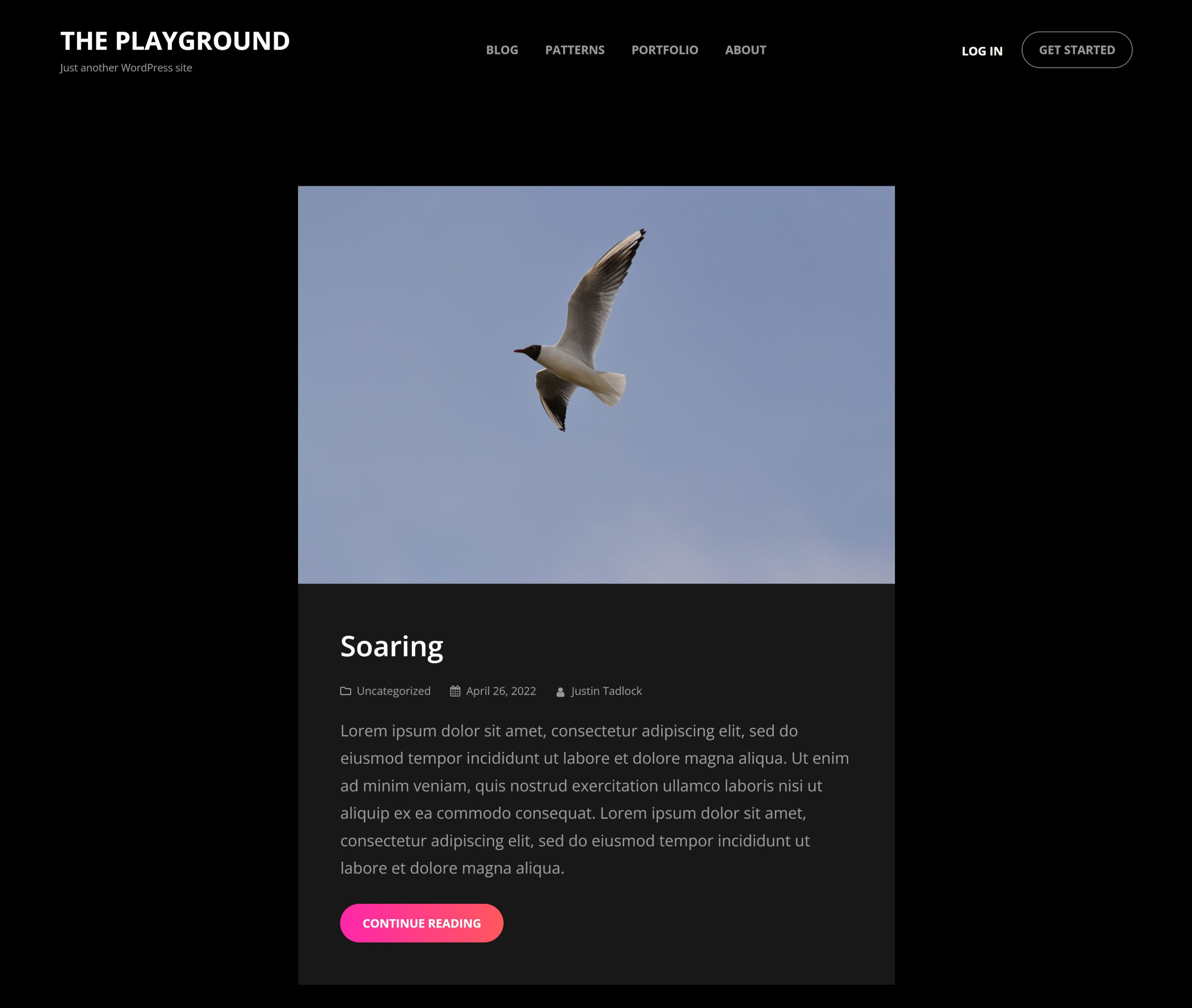 Diseño de tema oscuro de WordPress que muestra un encabezado y un extracto de una publicación de blog con una imagen destacada de un pájaro.