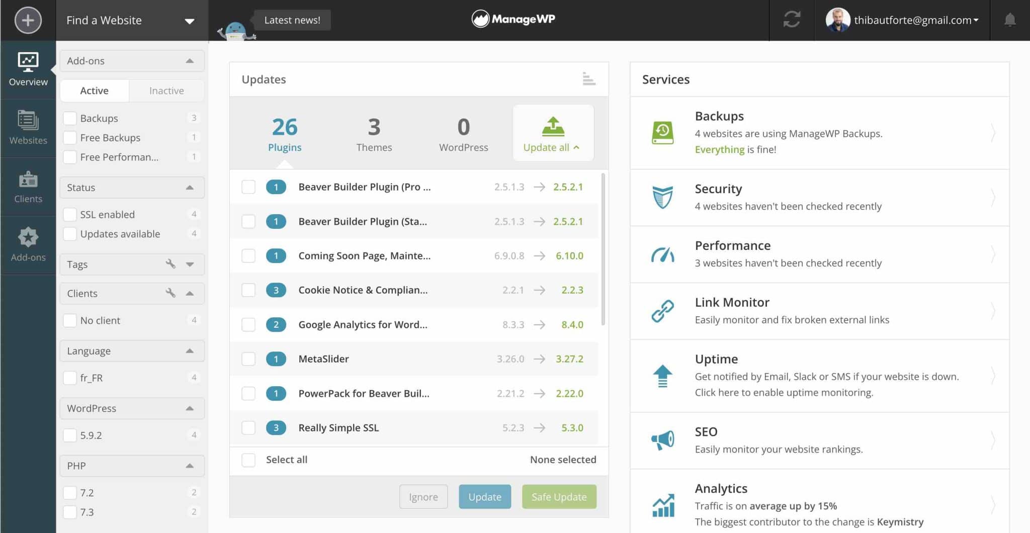 Tabloul de bord central al ManageWP.