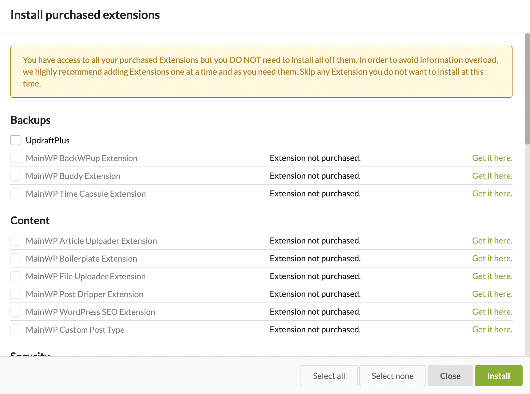 Instalarea extensiilor achiziționate pe MainWP.