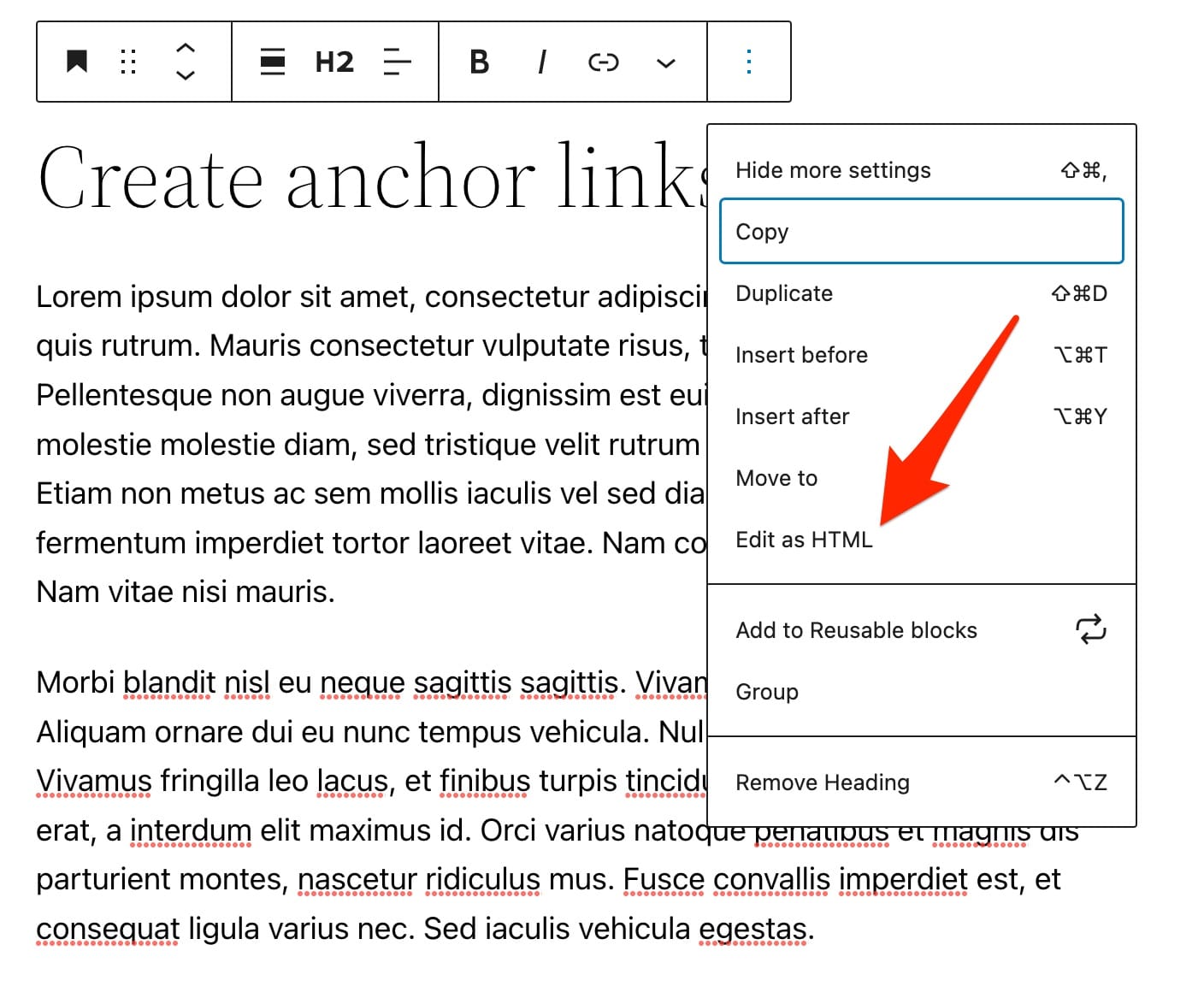 WordPress bağlantı bağlantıları oluşturmak için "html olarak düzenle" blok düğmesini seçin.