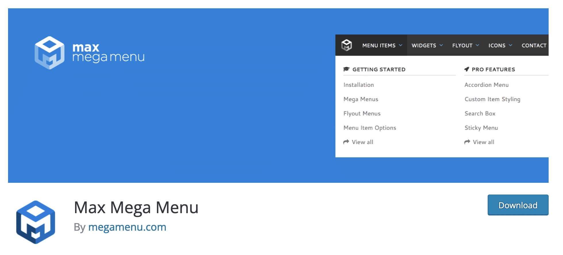WordPress'teki Max Mega Menü eklentisinin indirme sayfası.