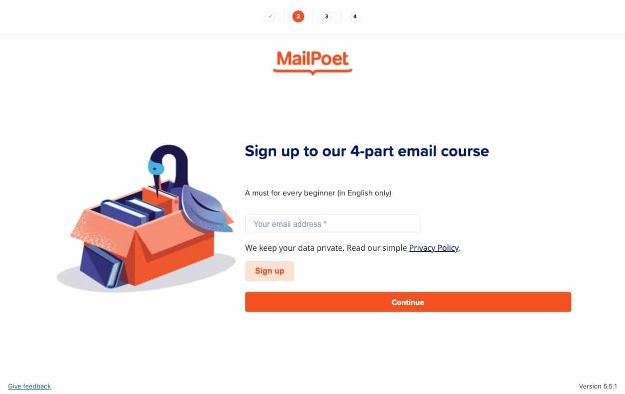 Expertul de configurare MailPoet oferă să se înscrie la un curs de e-mail.