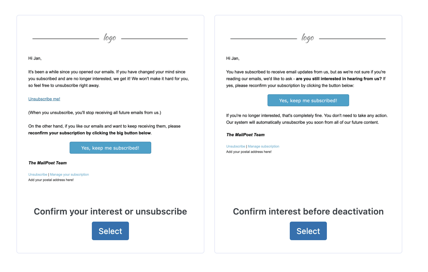 MailPoet oferă opțiunea de a confirma interesul sau de a vă dezabona la e-mailurile dvs.