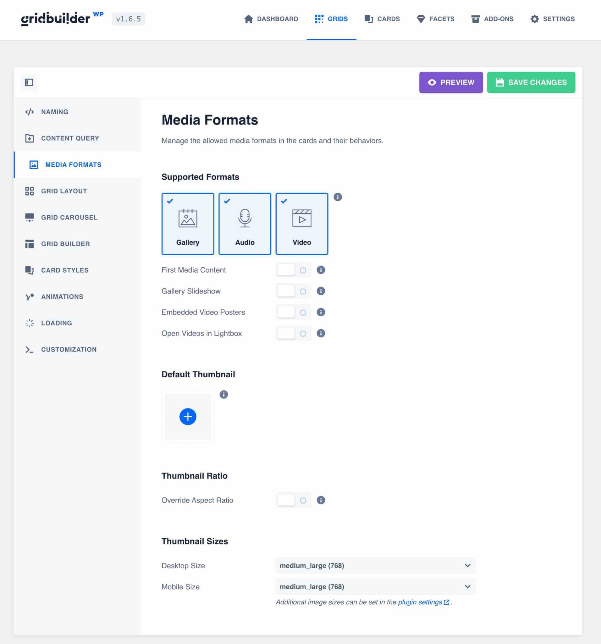 Fila Formate media în WP Grid Builder.