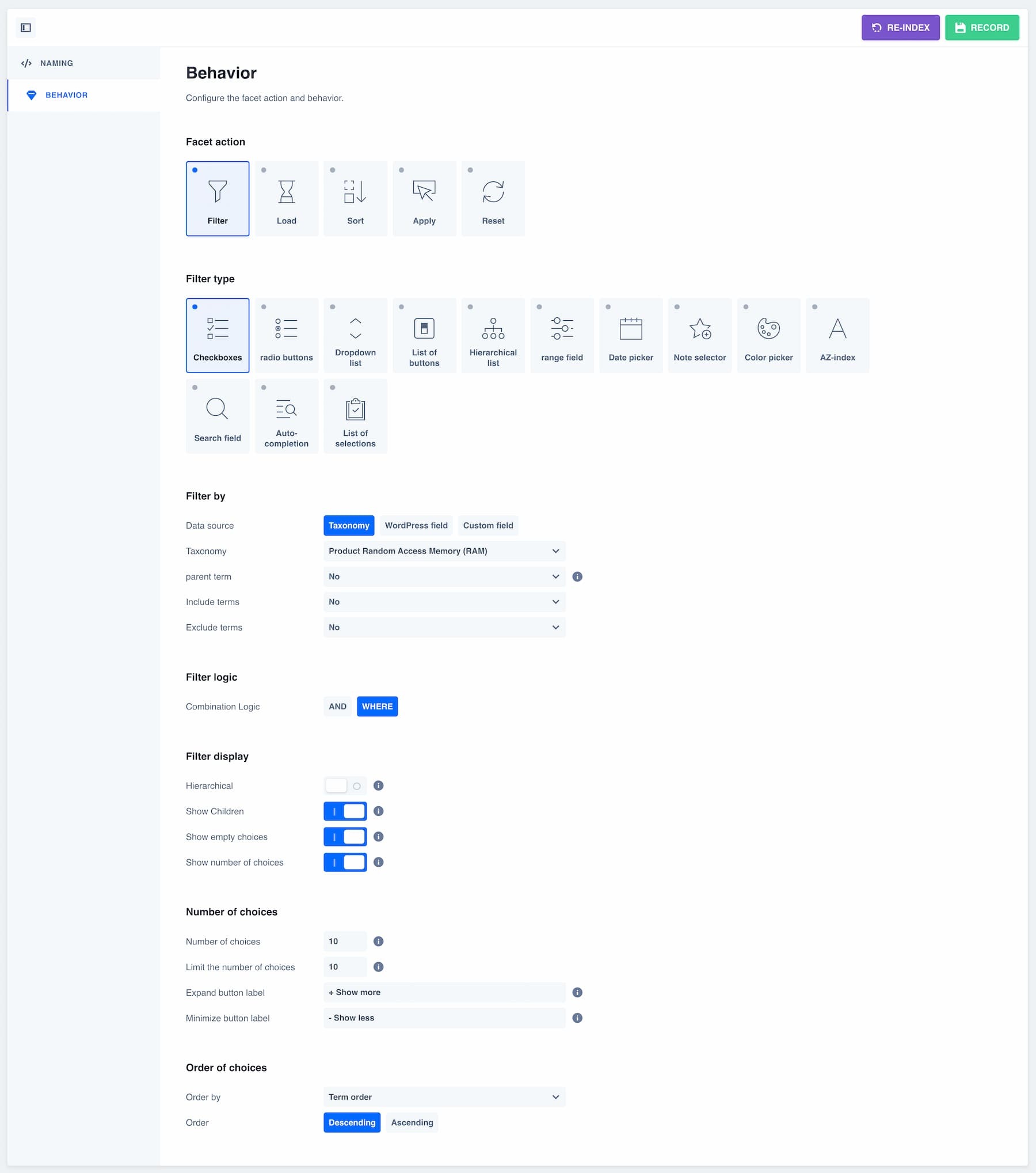 Configurarea acțiunii și comportamentului fațetelor în WP Grid Builder.