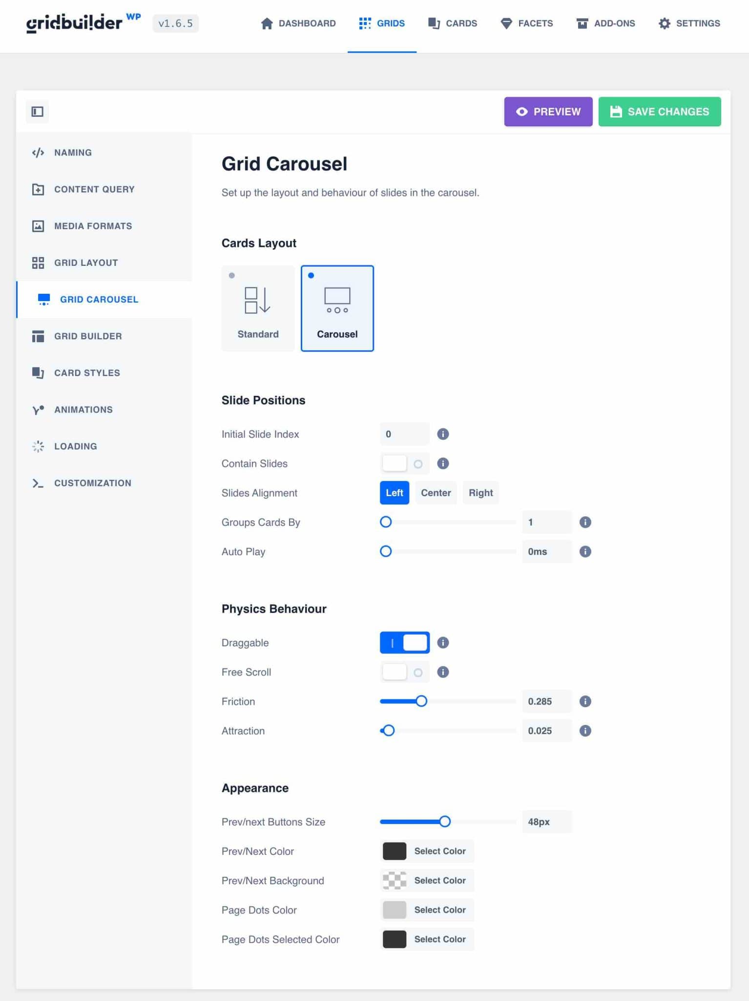 Fila Grid Carusel în WP Grid Builder.