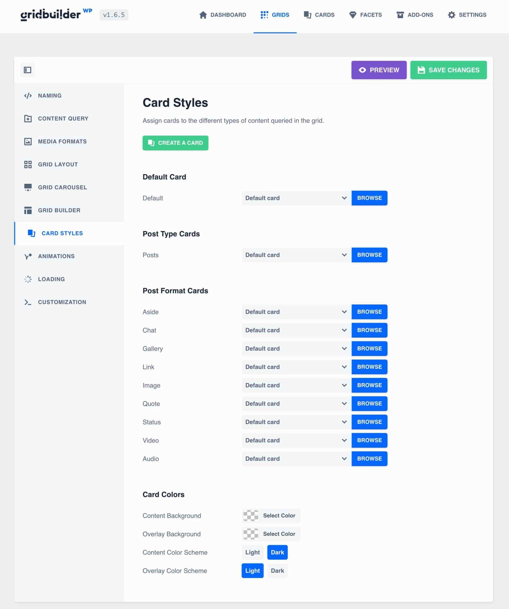 Fila Stiluri de card în WP Grid Builder.