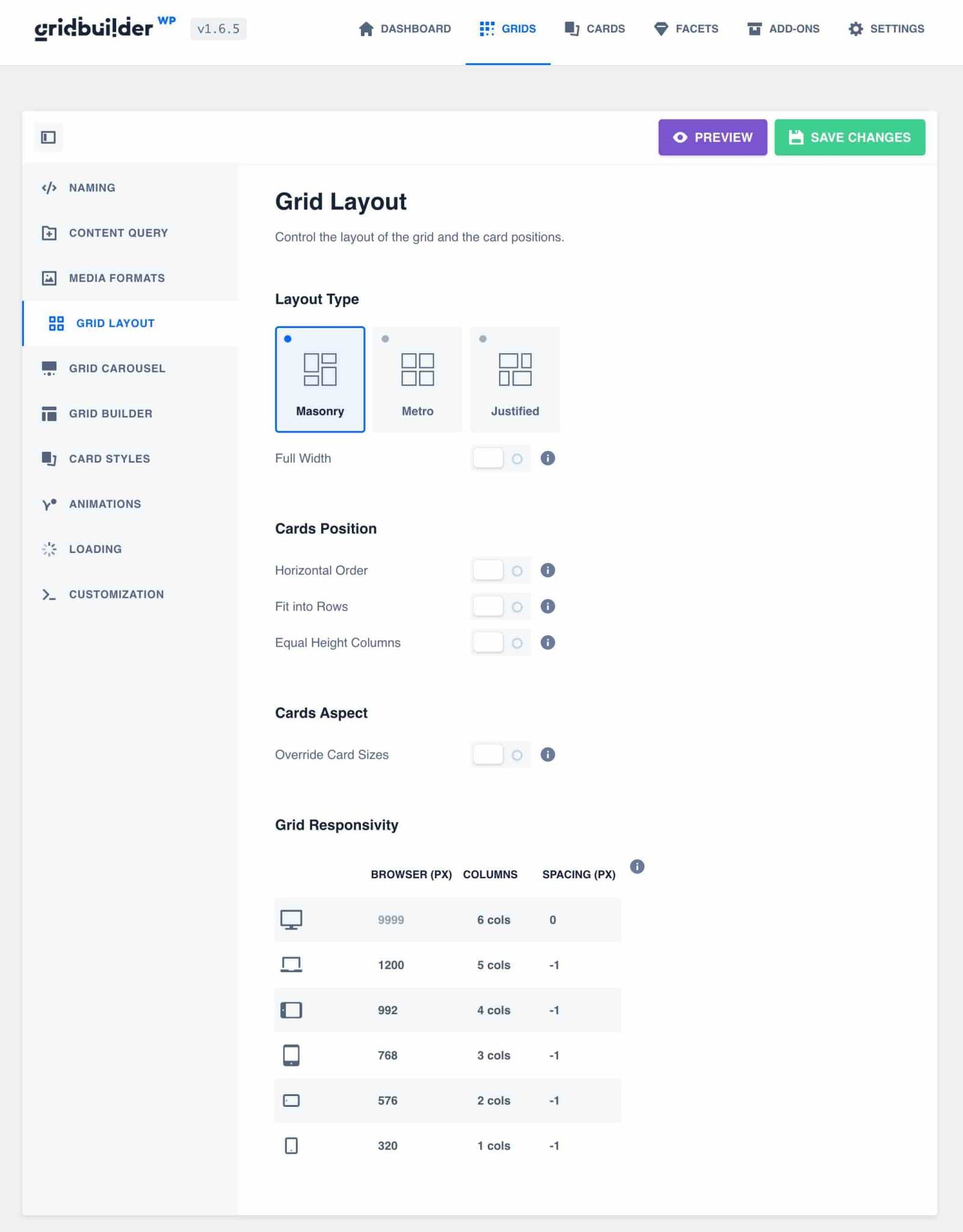 Fila Aspect grilă din WP Grid Builder.