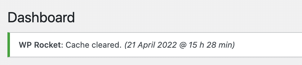 WP Rocket, önbelleğin temizlendiğini bildirir.