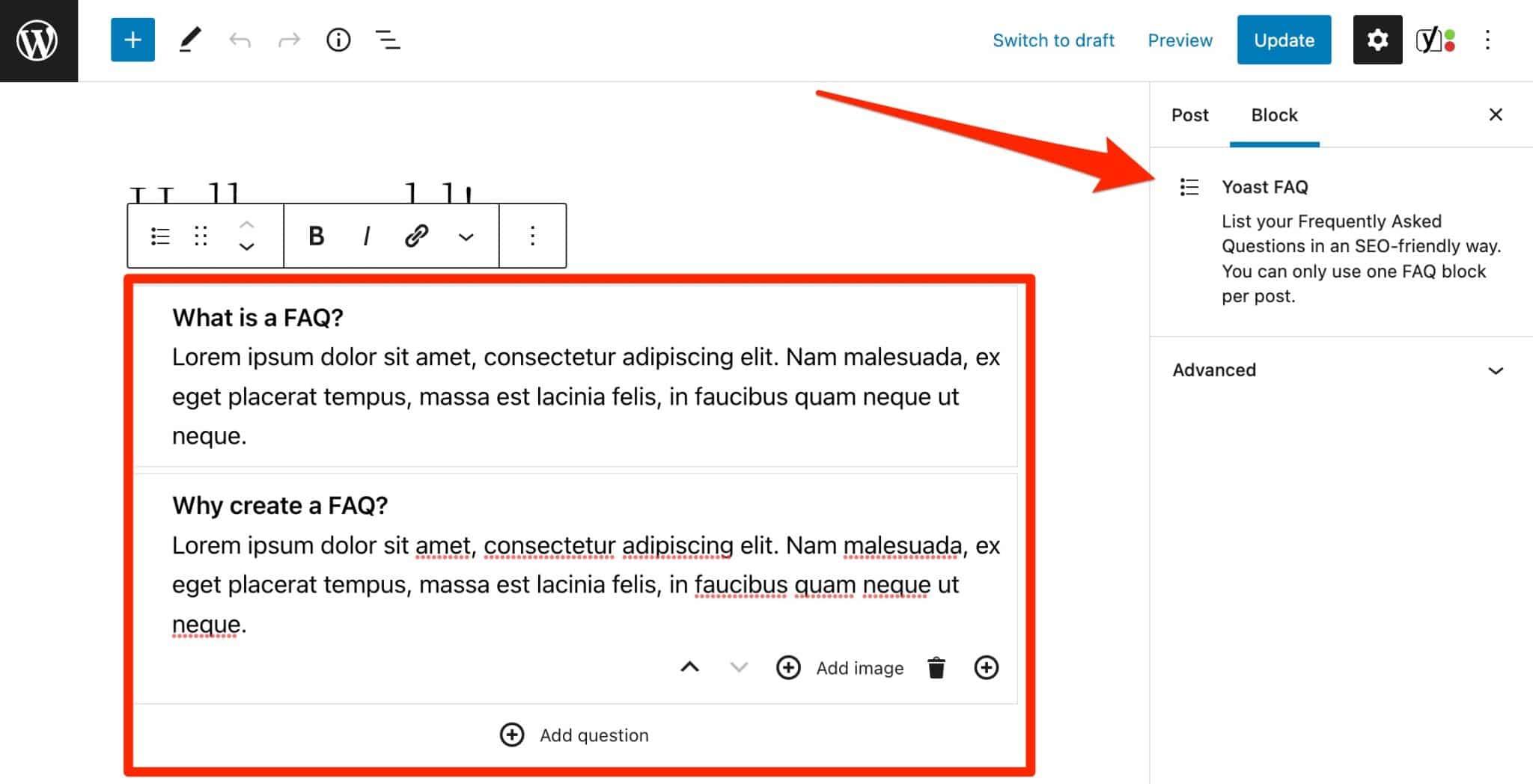 WordPress eklentisi Yoast SEO bir SSS bloğu sunar.