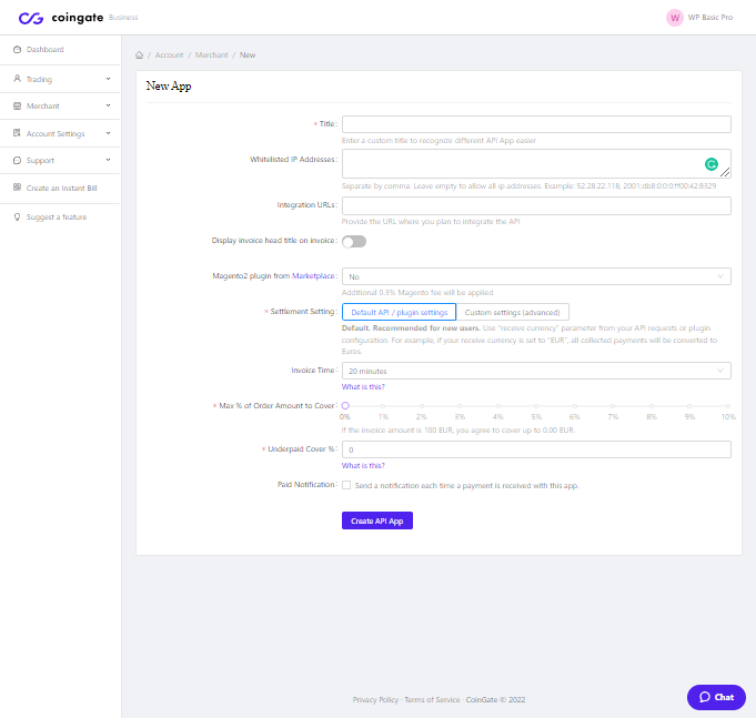 Create coingate API Key