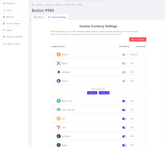 Coingate invoice currency settings