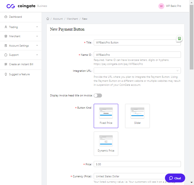 setup coinbase payment button