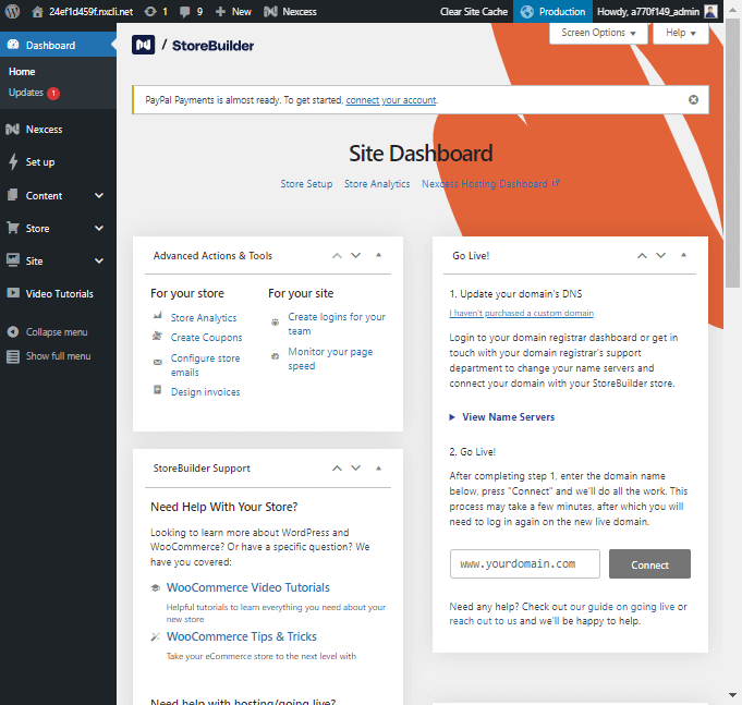 Storebuilder WordPress dashboard