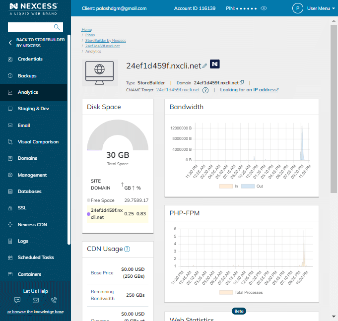 Nexcess storebuilder analytics in backend