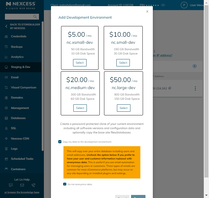 Nexcess storebuilder staging option