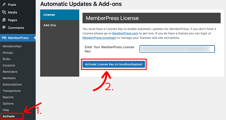 Registrazione della licenza MemberPress