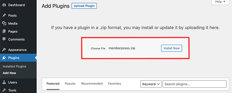 Carica il file zip MemberPress sulla dashboard