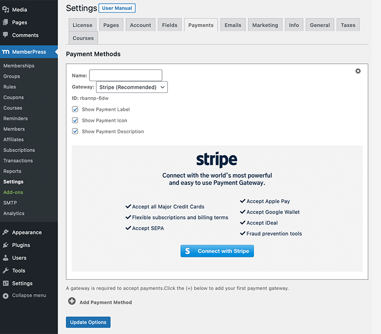 Impostazioni dei pagamenti MemberPress per Stripe