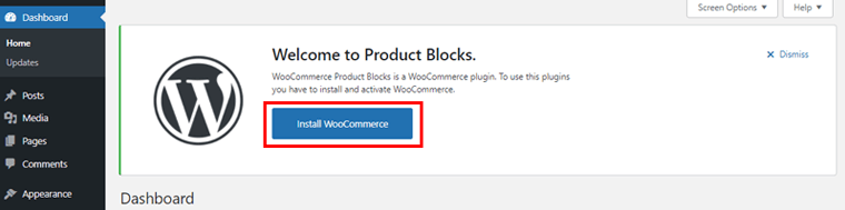 WooCommerce Seçeneğini Kur'a tıklayın