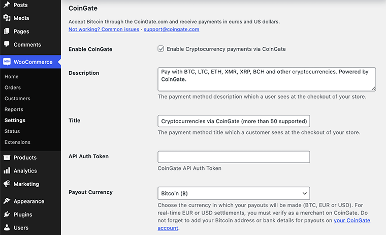 Setări WooCommerce CoinGate