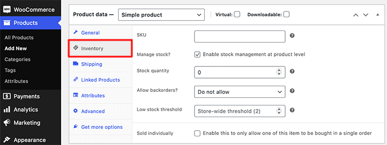 Setări pentru inventarul produselor WooCommerce