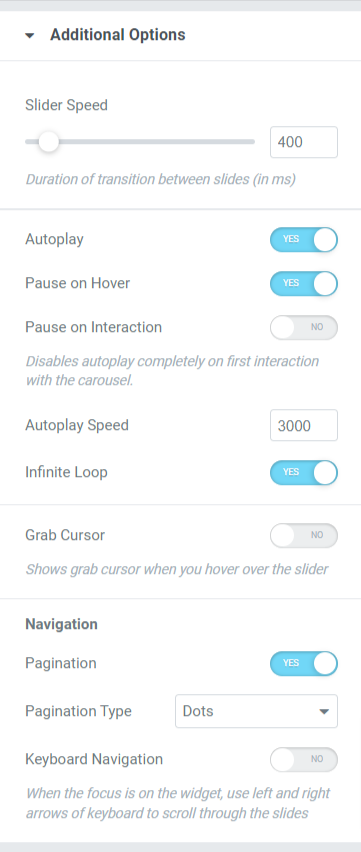 Secțiunea Opțiuni suplimentare din fila Conținut a widget-ului Slider Card