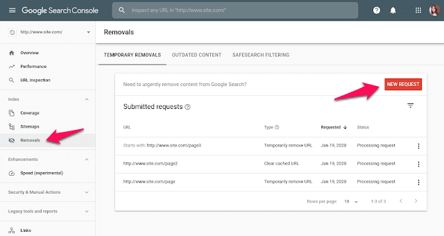 Solicitação para remover conteúdo por meio do Google Search Console.