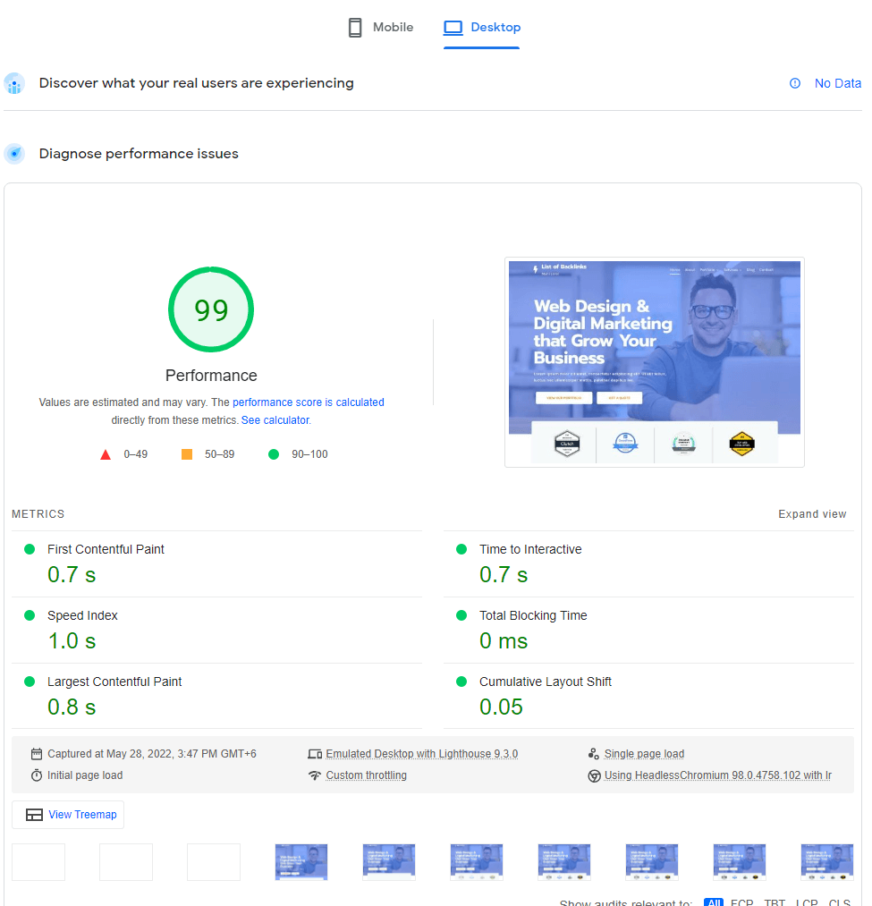 Desktop speed score after adding Nitropack