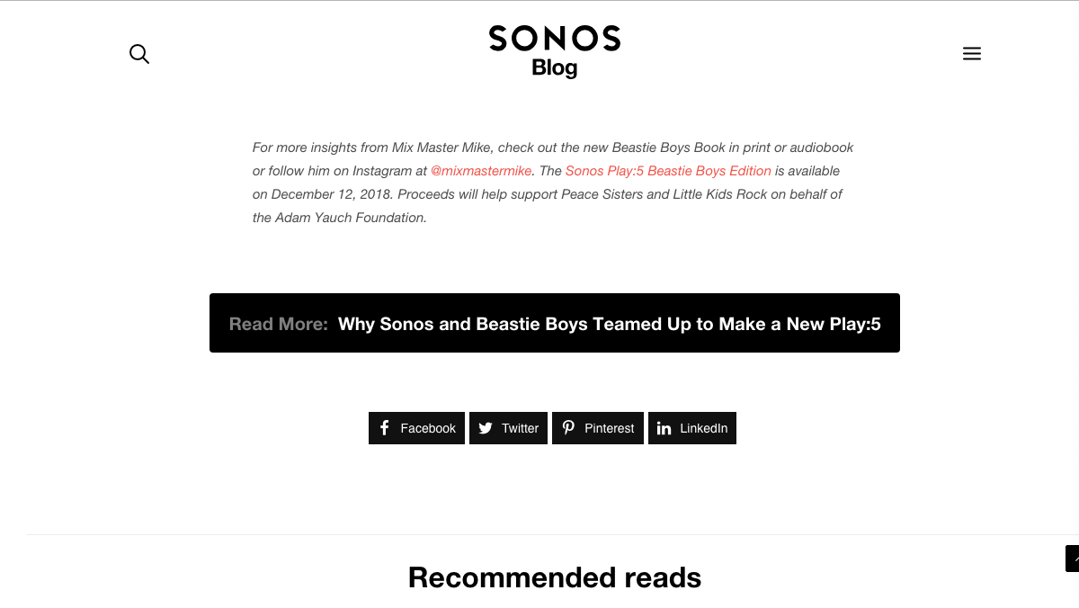 Кнопки социальных сетей на посте из блога Sonos.