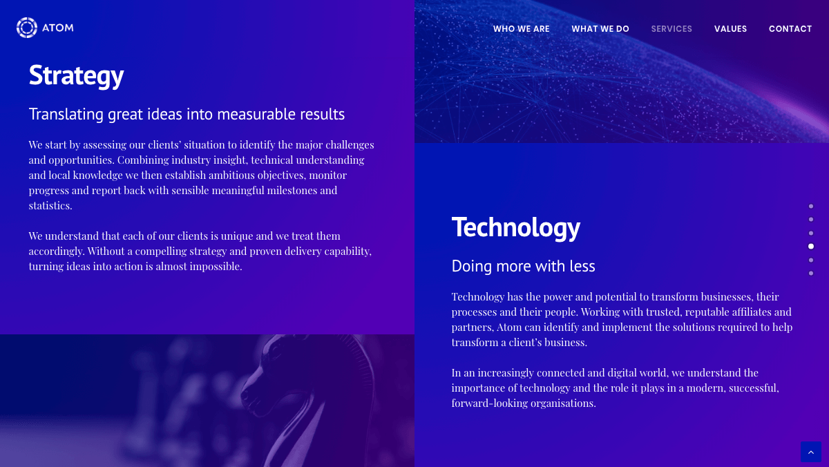 Seção de serviços da agência de marketing Atom.