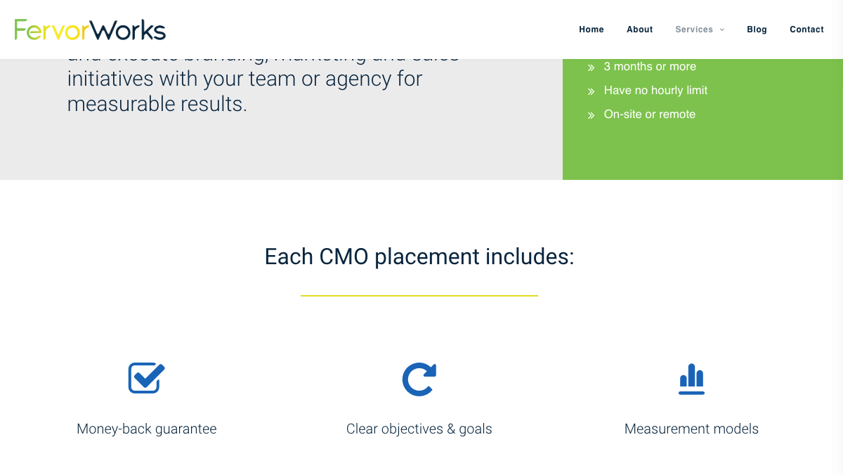 Seção de serviços da agência de marketing FervorWorks.