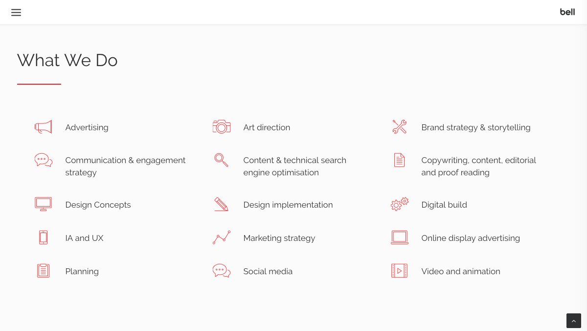 Seção de serviços da agência de marketing Bell.