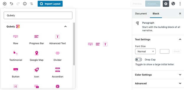 الوصول إلى Qubely Blocks في محرر WordPress