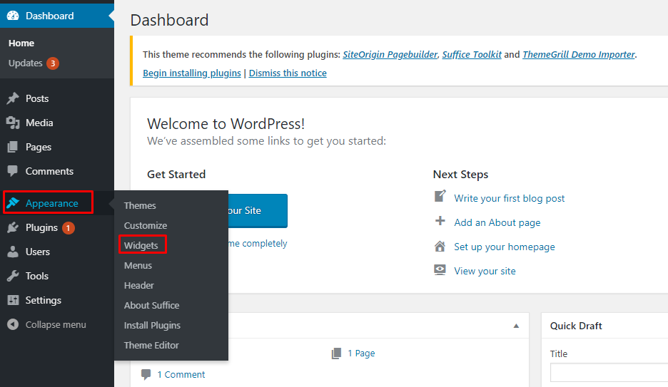 ลักษณะที่ปรากฏ > ส่วนวิดเจ็ตของ wordpress