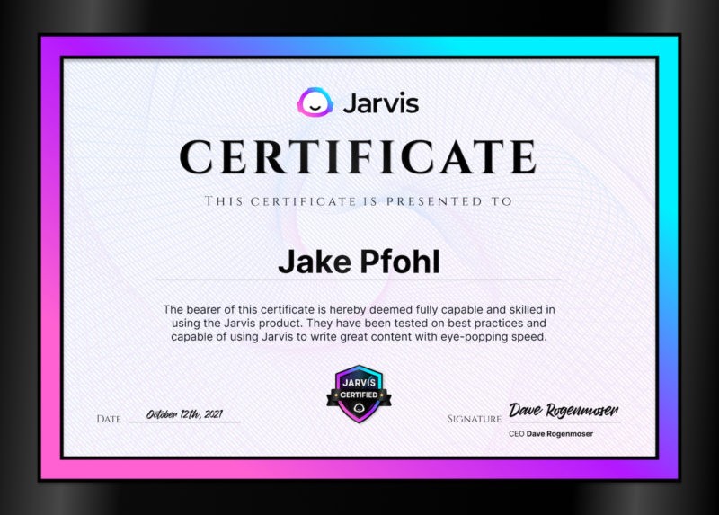 Certificat de expert certificat Jarvis prezentat lui Jake Pfohl