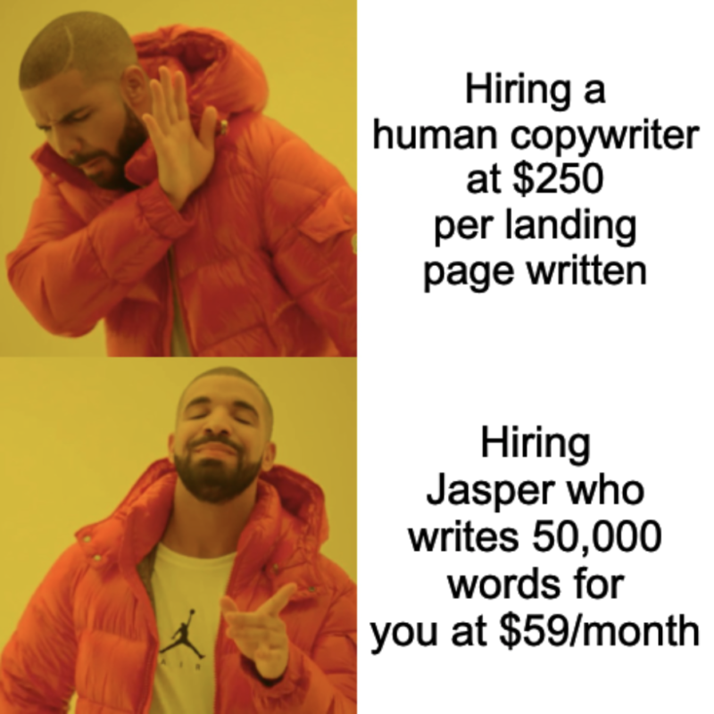 Copywriter uman vs Jasper AI Copywriting Drake Hotline Bling Meme