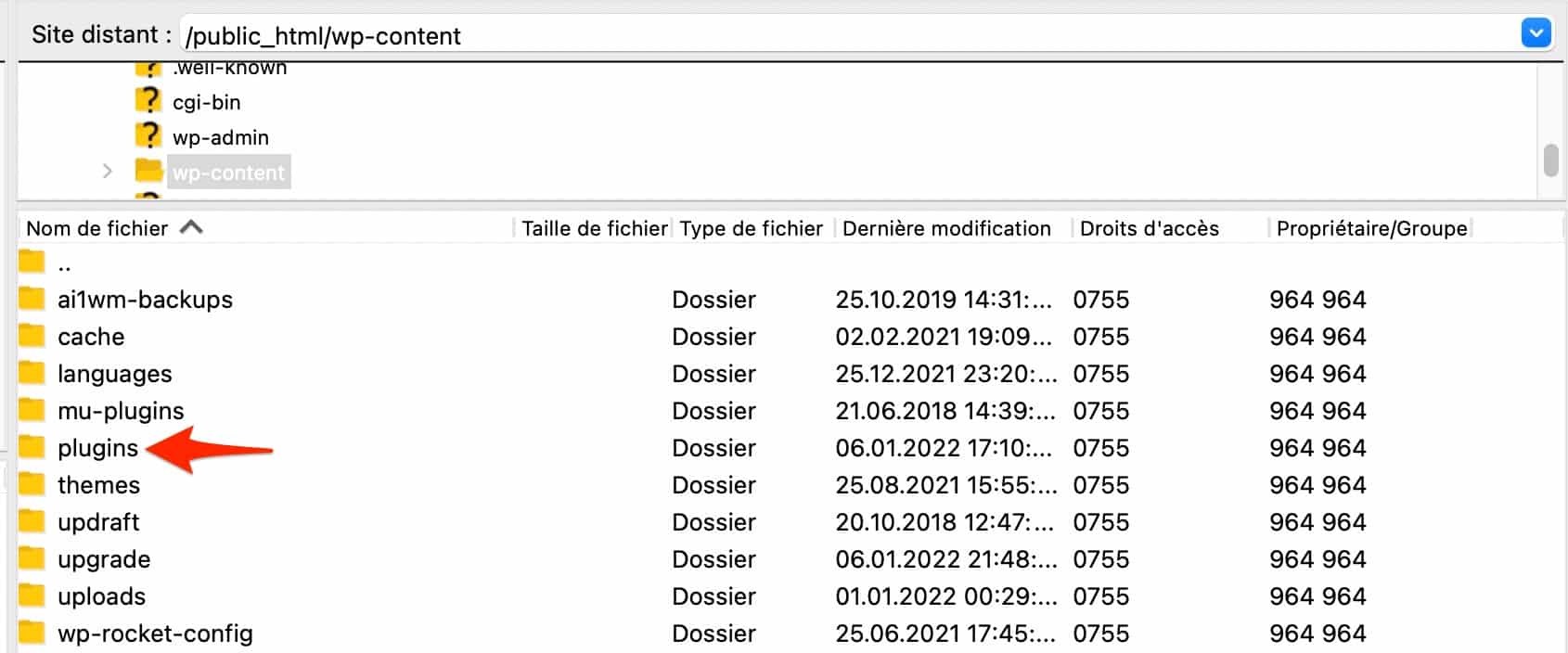 Le dossier sur un client FTP comme Filezilla。