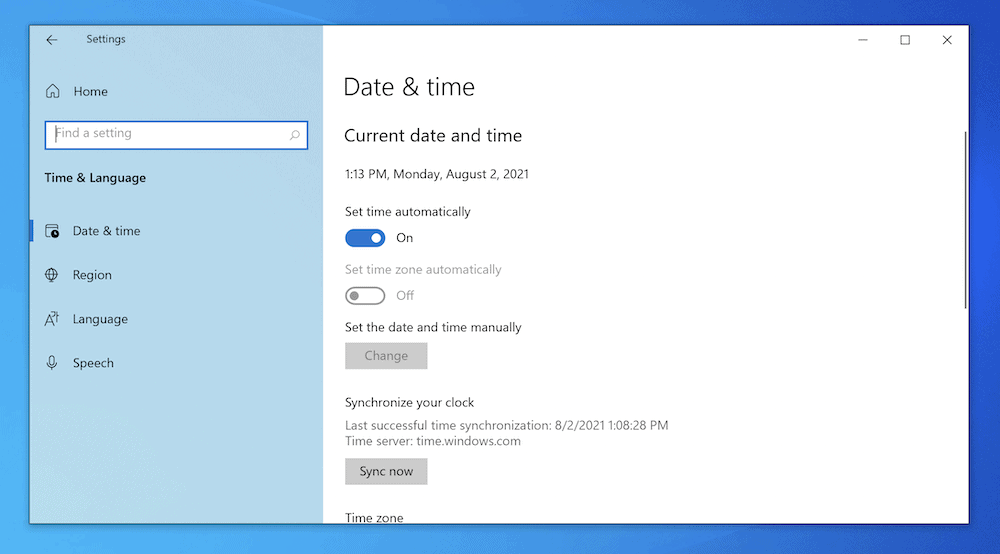 Windows内の日付と時刻の設定。