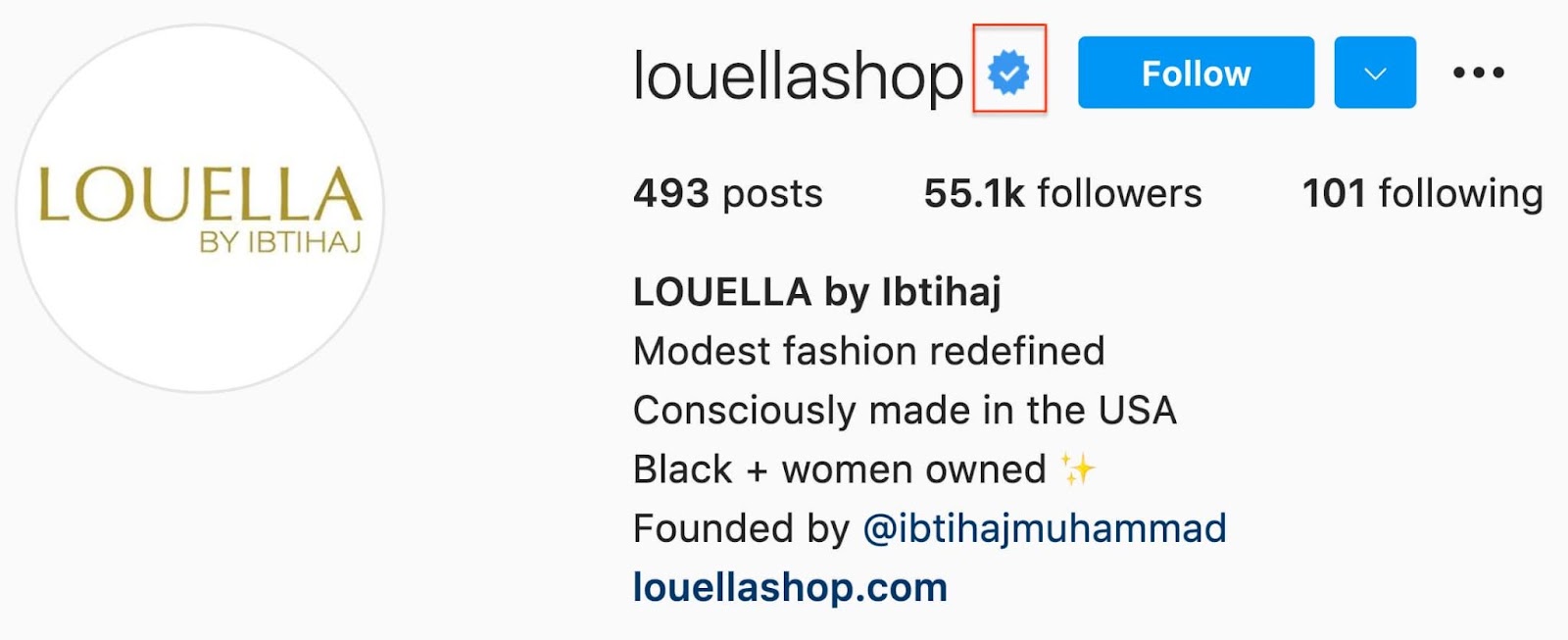 @LouellaShop 帐户上的 Instagram 验证页面示例