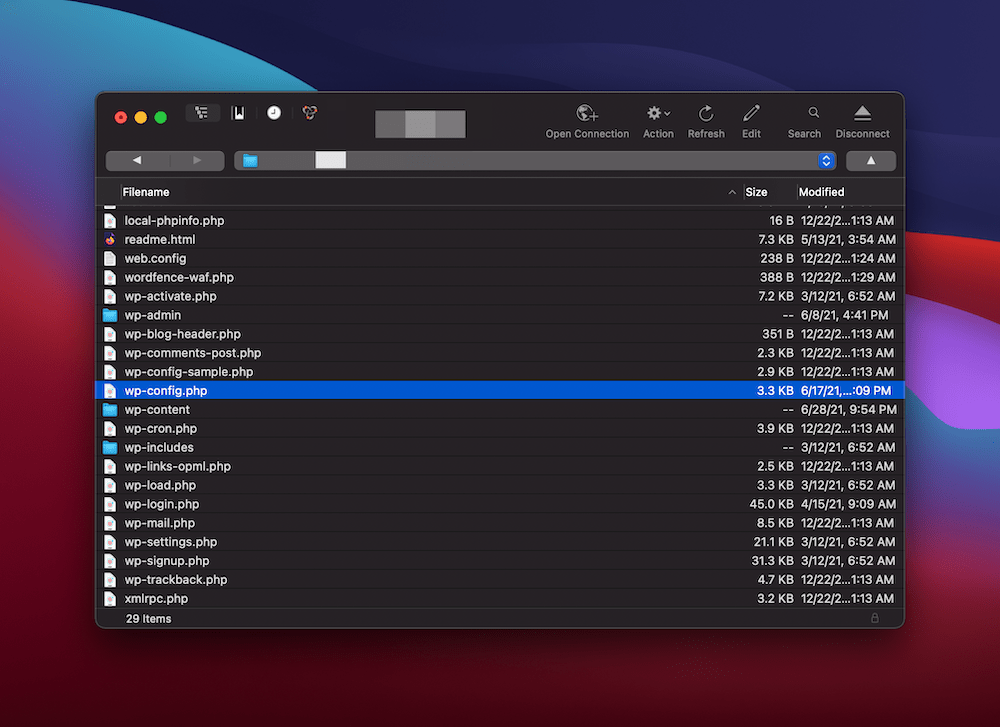 O arquivo wp-config.php dentro do Cyberduck.