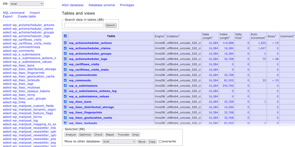 Selecionando todas as tabelas no Adminer.