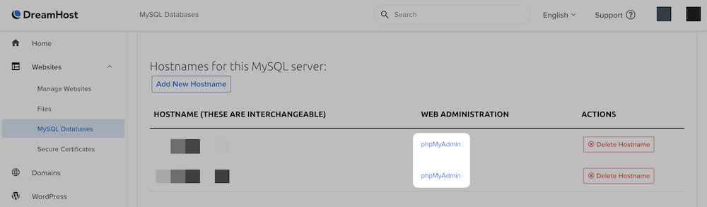 A opção phpMyAdmin com um painel de controle de hospedagem.