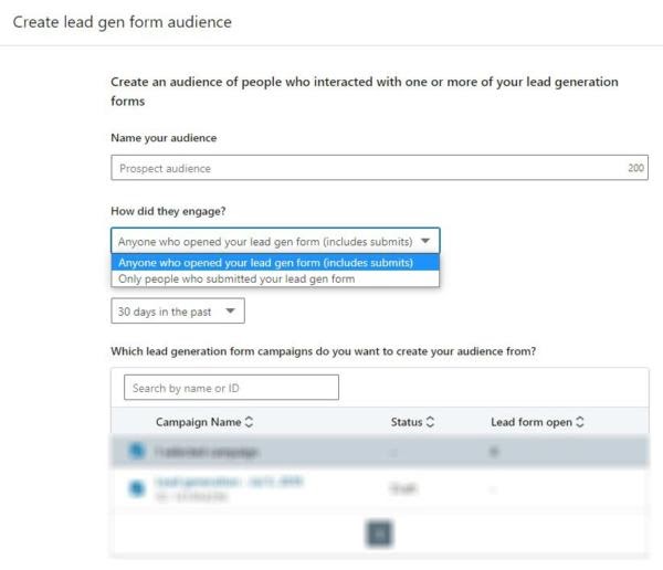 Crie um público de formulário de geração de leads para retargeting do LinkedIn