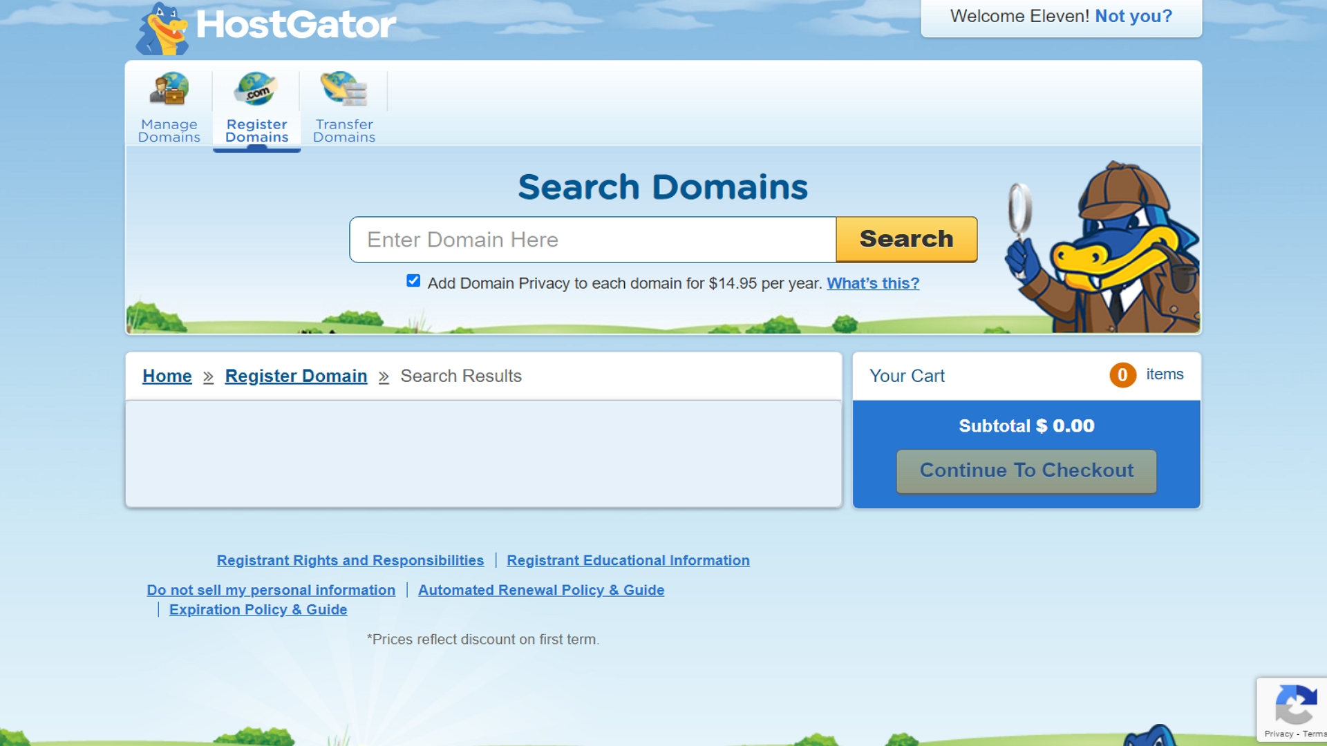 Interfaz de registro de dominio de HostGator