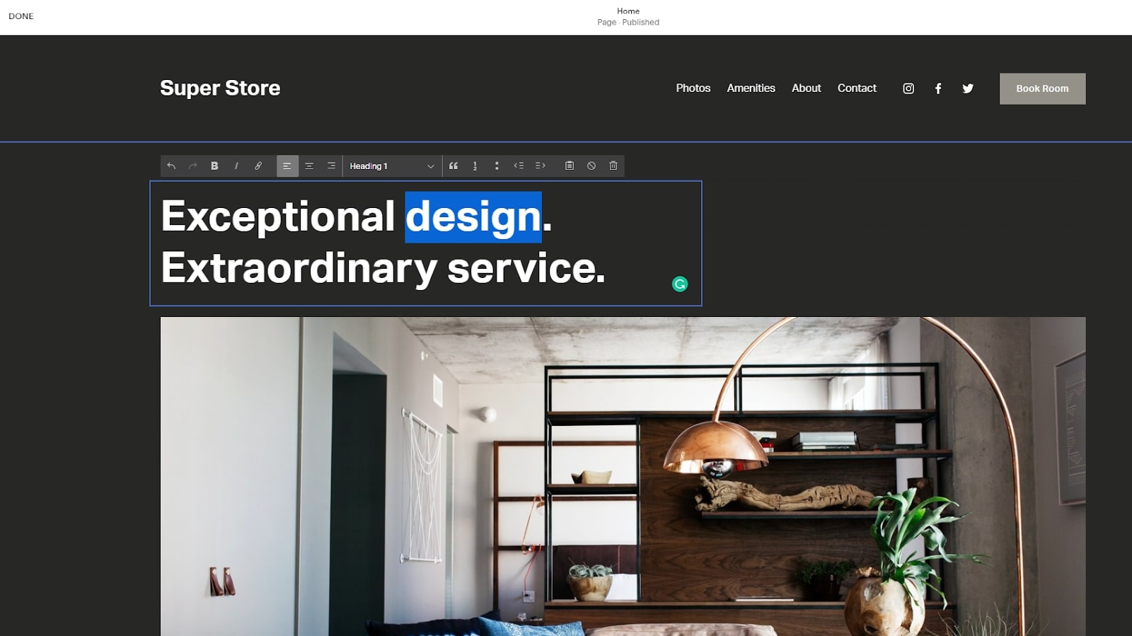 Editor del sitio web de Squarespace en uso