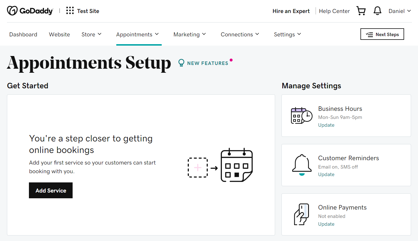 Página web de configuración de reservas en línea de GoDaddy